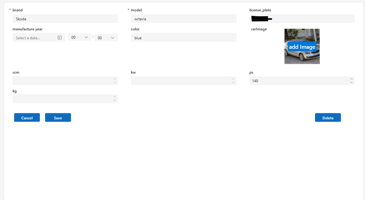 CarNotes vehicle edit form