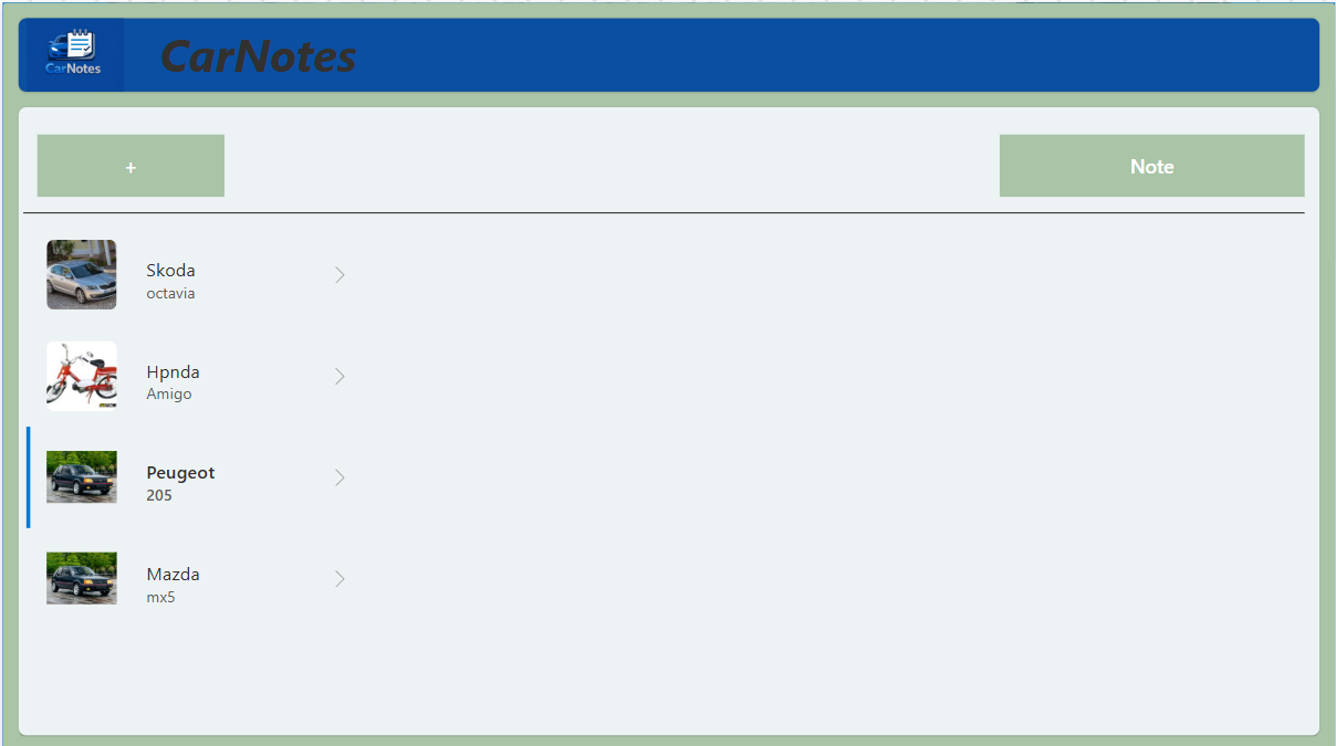 CarNotes vehicle list